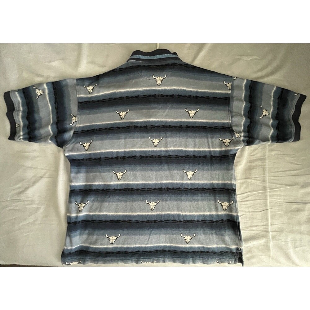 Vintage 90s Wrangler Western Blue Polo Bull Cow Skull Rodeo Cowboy Longhorn XL - Picture 7 of 7